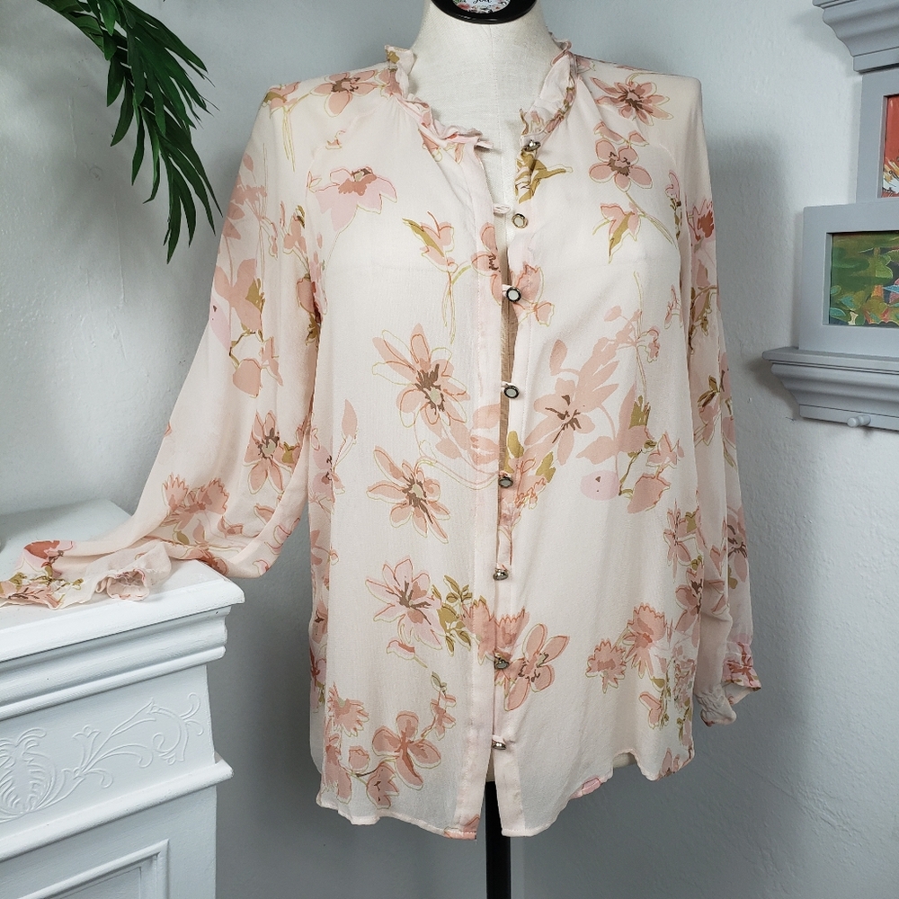 Spartina Peach Pink Silk Ruffles Sheer Mother Pearl Buttons sz Large